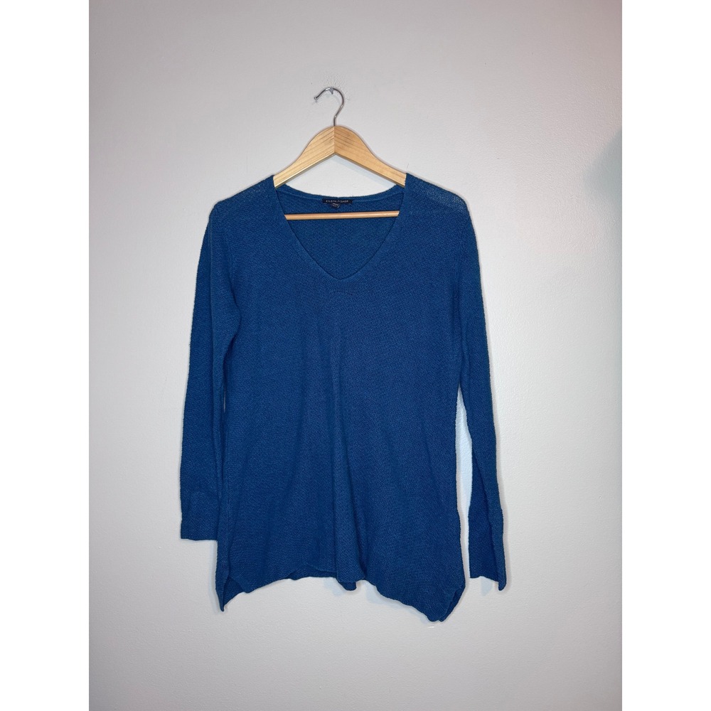 Eileen Fisher Linen Cotton Knit V Neck Sweater Blue/Teal Petite Small‎